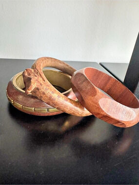 Carved Wood Bracelet Stack in Brown & Gold